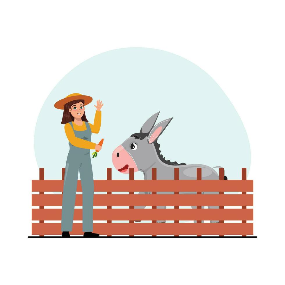 illustratie met een vrouw arbeider voeden een ezel met een wortel. vector