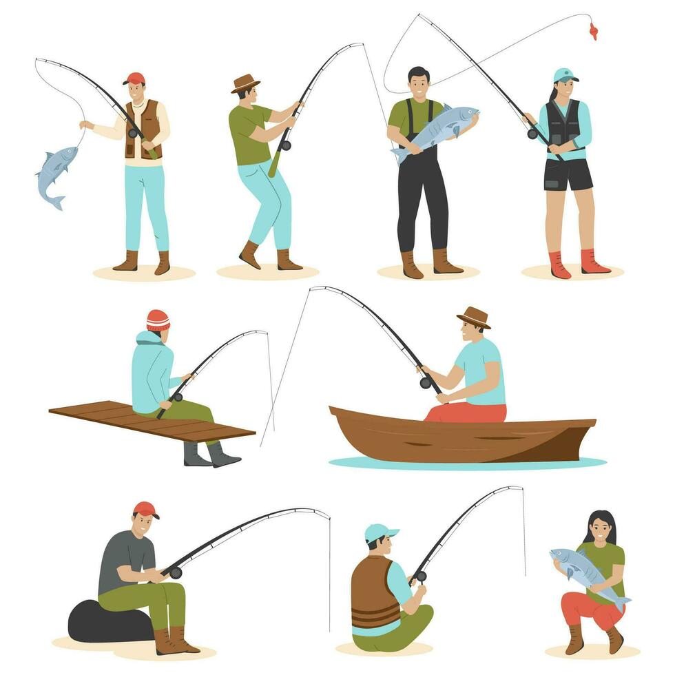 vector reeks van vissers vangen vis