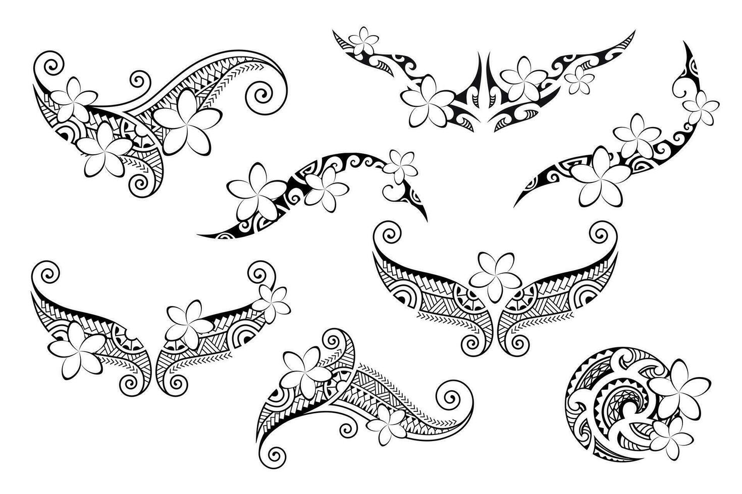 reeks van Maori stijl tatoeëren. etnisch decoratief oosters ornament met frangipani plumeria bloemen. verzameling kleur boek vector