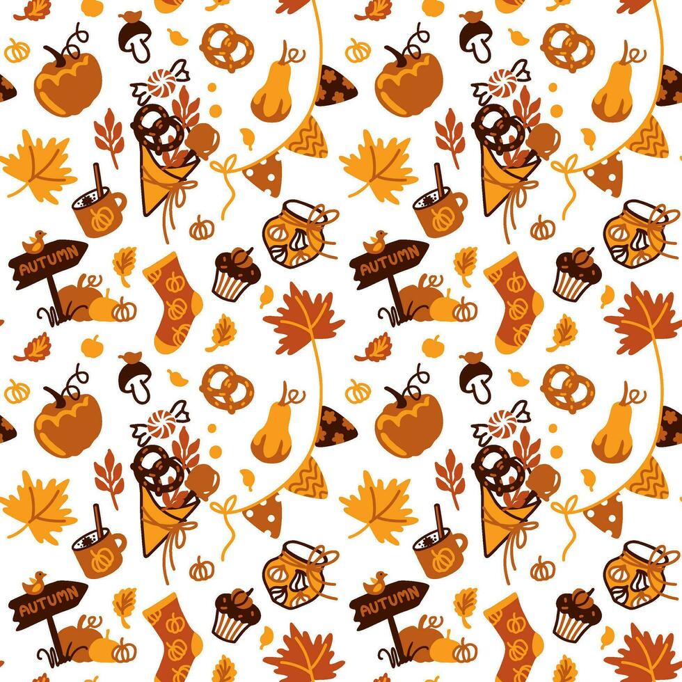 herfst naadloos patroon, pompoen, snoep, oktober, vallen bladeren, herfst afdrukken vector