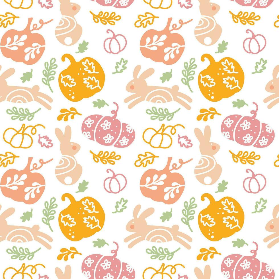 pompoenen illustratie in pastel kleuren voor kleding stof, inpakken, textiel, behang, kleding. naadloos patroon voor kinderen. konijn, bloemen, planten, pompoen. herfst seizoen. voorjaar seizoen. vector