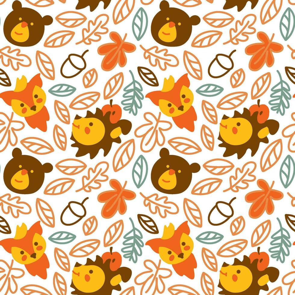 schattig vos, egel, beer Aan herfst Woud. afdrukken voor kind producten. naadloos patroon vector