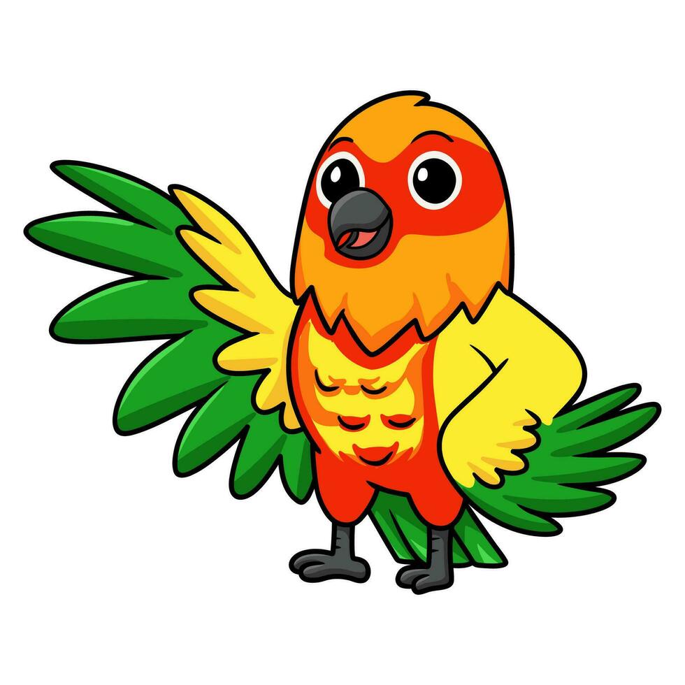 schattig geel en groen papegaai dwergpapegaai tekenfilm golvend hand- vector