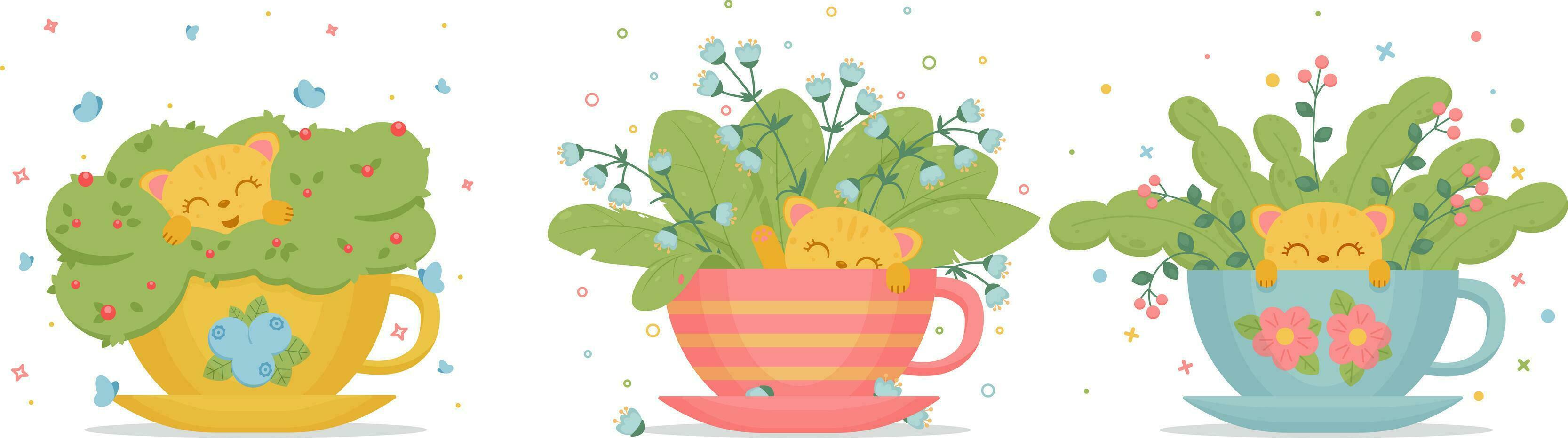 schattig kat in kop van thee met bloemen geïsoleerd Aan wit. baby afdrukken ontwerp vector
