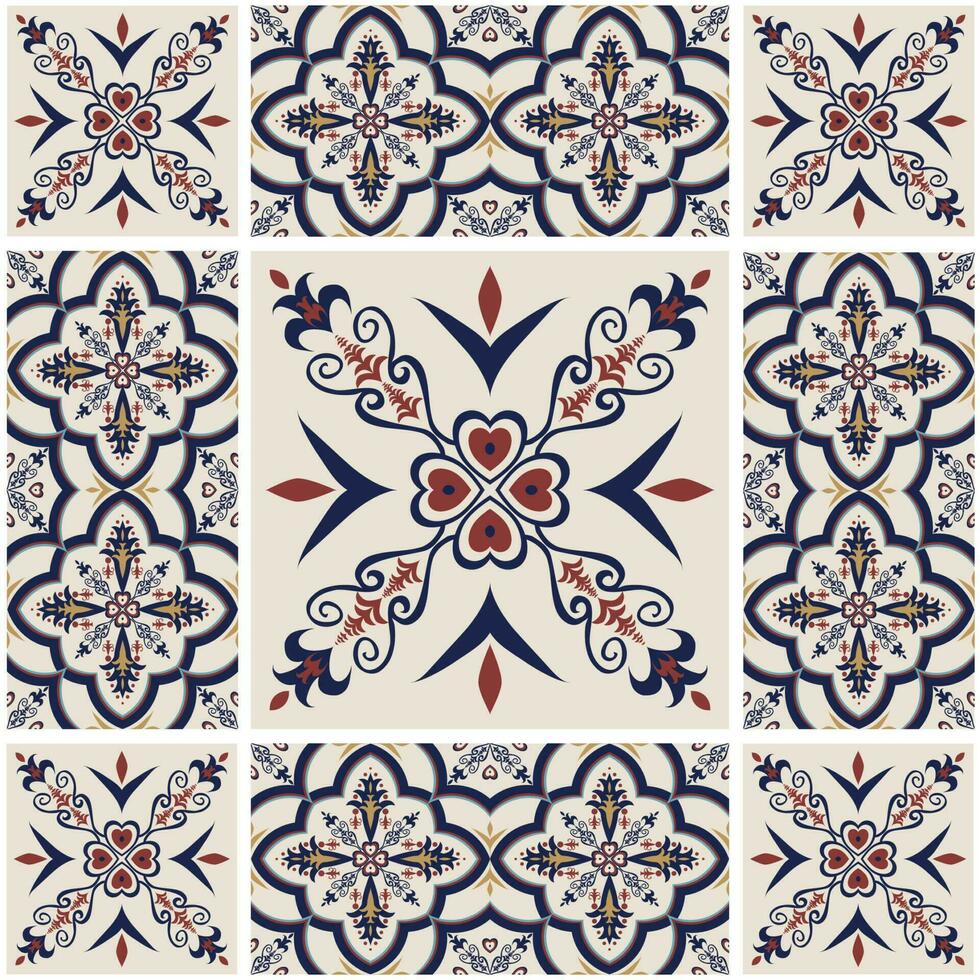 kleurrijk lapwerk tegels bloemen patroon Arabisch stijl. etnisch kleurrijk marokkaans, Portugees tegels naadloos patroon. peranakan tegel patroon gebruik voor huis interieur vloeren decoratie elementen. vector