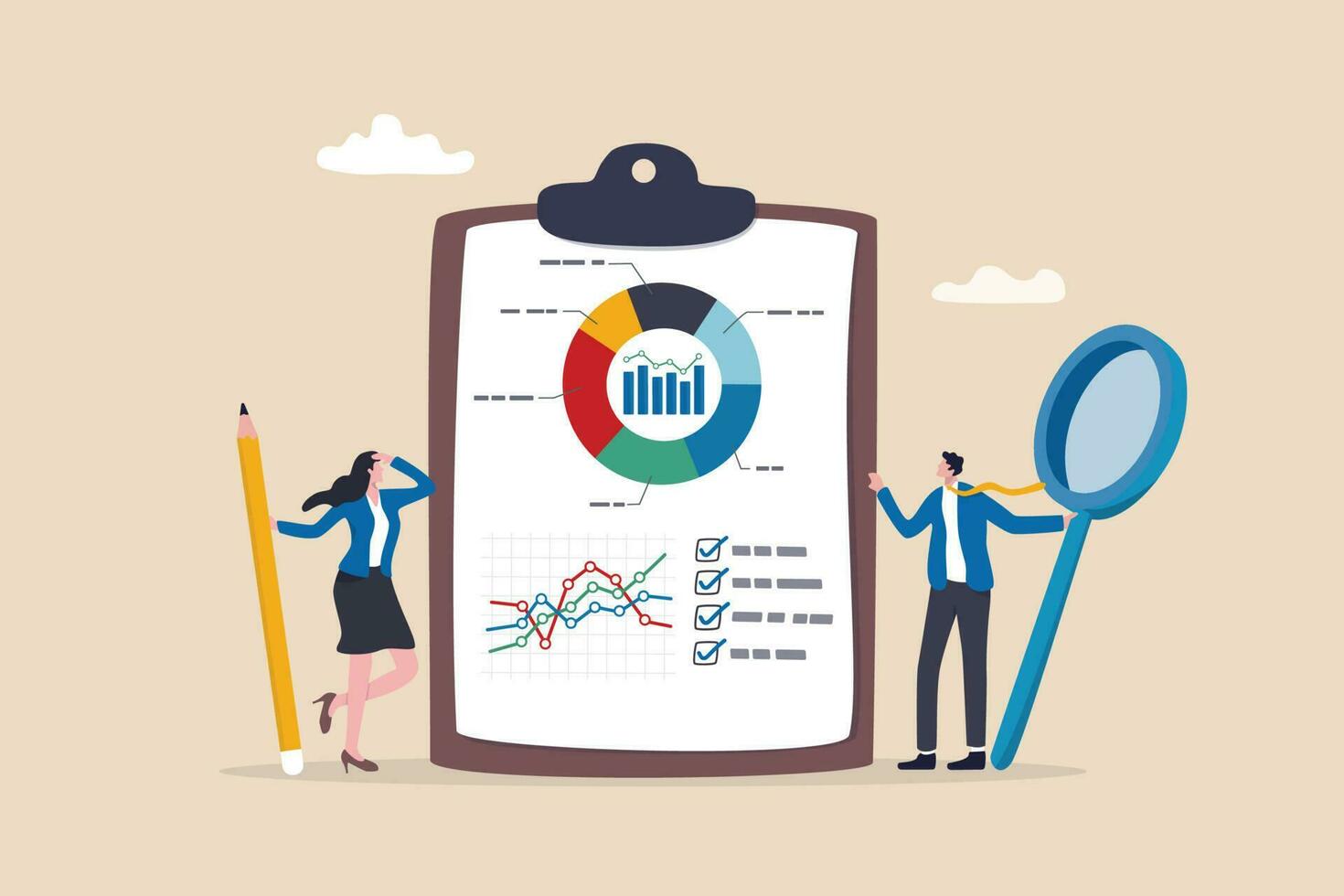 bedrijf rapport, gegevens diagram en grafiek, statistieken of analyse, gegevens analyse samenvatting of prestatie, markt Onderzoek concept, bedrijf mensen met vergroten glas houden klembord met verslag doen van grafiek. vector