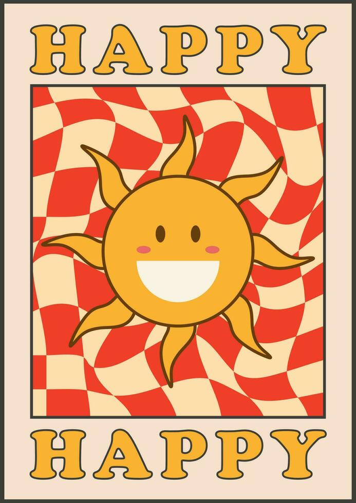 verzameling van helder groovy posters jaren 70. retro poster met psychedelisch bloemen en paddestoelen, glimlach gezicht, zon, gelukkig zomer of de lente. wijnoogst prints met grunge textuur. vector