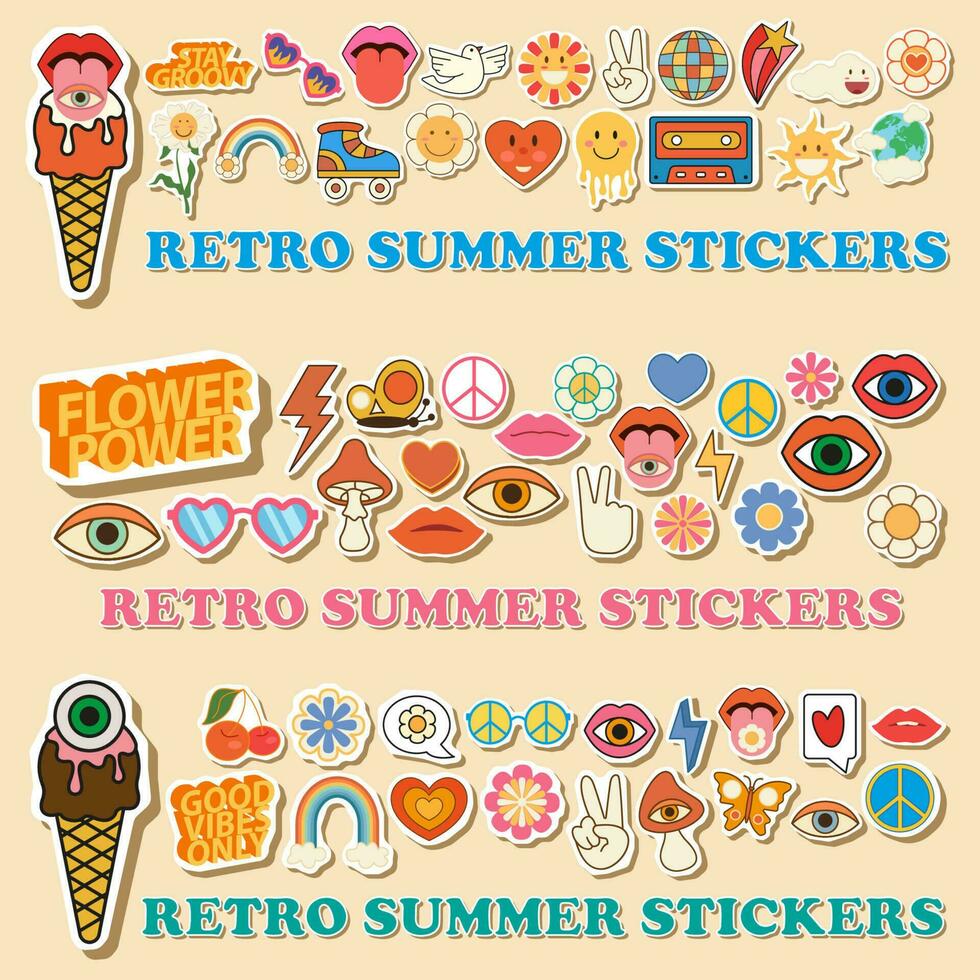 groovy hippie jaren 70 zomer sticker icoon set. sticker pak in modieus retro psychedelisch tekenfilm stijl. grappig tekenfilm bloem, regenboog, vrede, liefde, hart, madeliefje, paddestoel enz. vector illustratie.