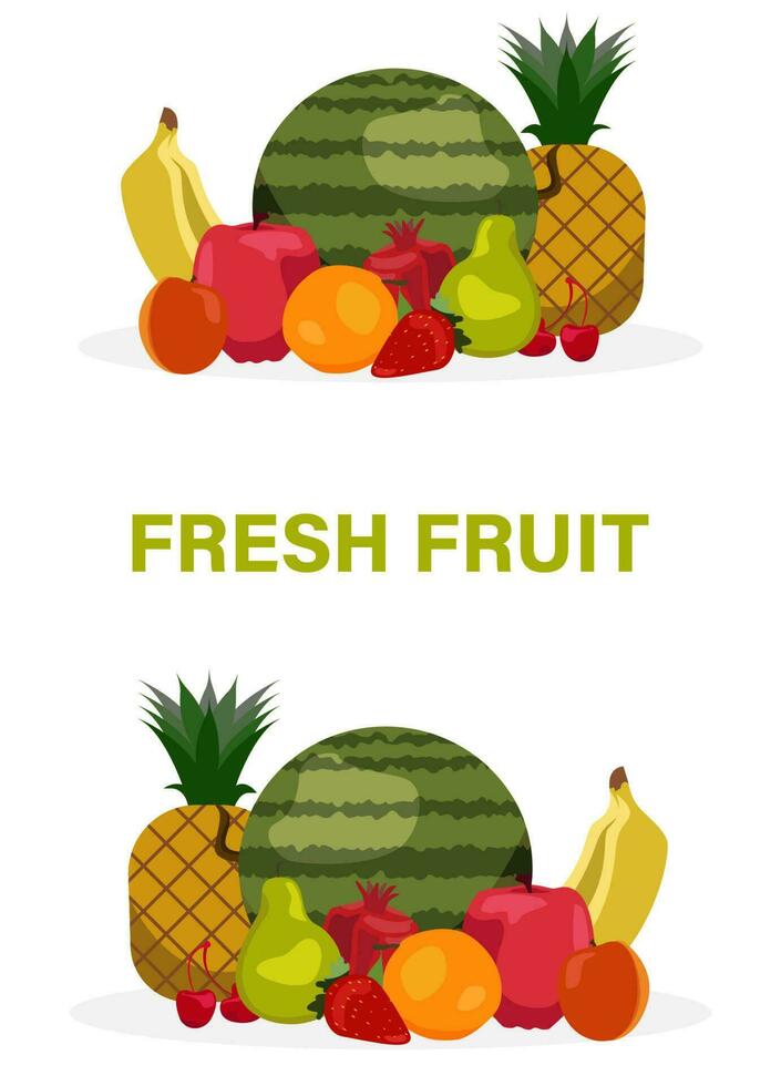 biologisch gezond concept met vers fruit set. aardbeien, banaan, granaatappel, ananas, appel, oranje, watermeloen abrikoos Peer kers zomer vector