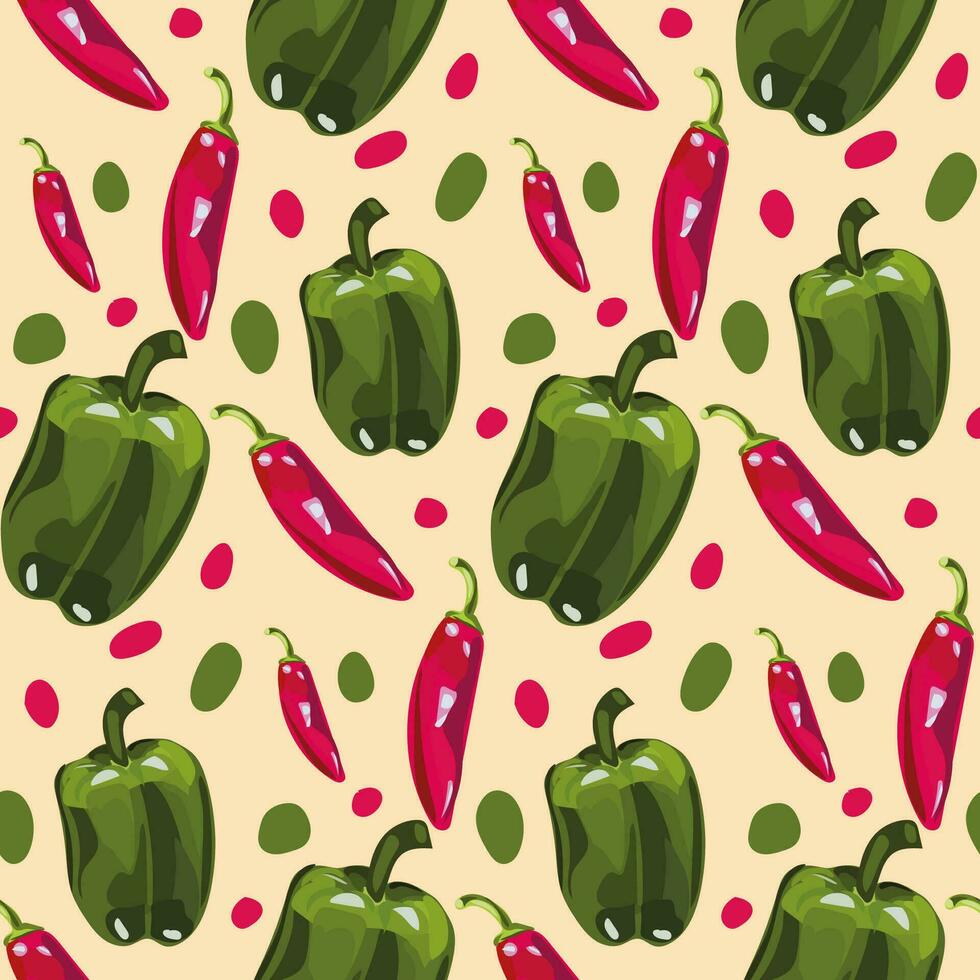 rood en groen peper naadloos patroon. veganistisch biologisch eco producten. vector illustratie. voor oppervlakte ontwerp pakket, banier, sjabloon, keuken, kleding stof en textiel ontwerp.