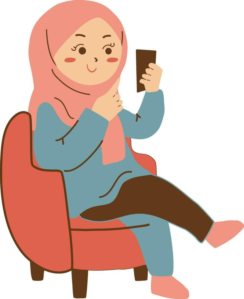 hijab vrouw met smartphone in fauteuil avatar karakter vector illustratie ontwerp