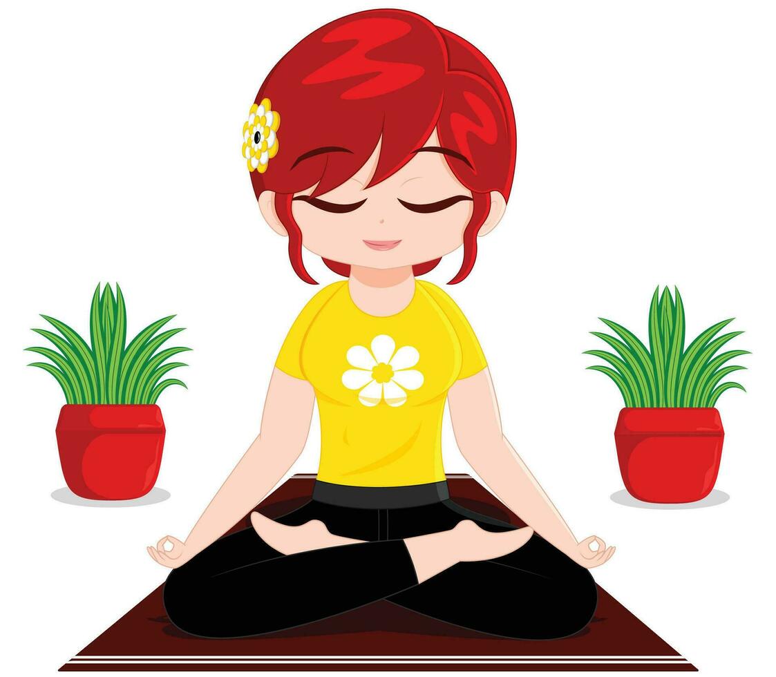 gezeten meditatie in lotus yoga houding - minimalistische rood haren meisje illustratie vector