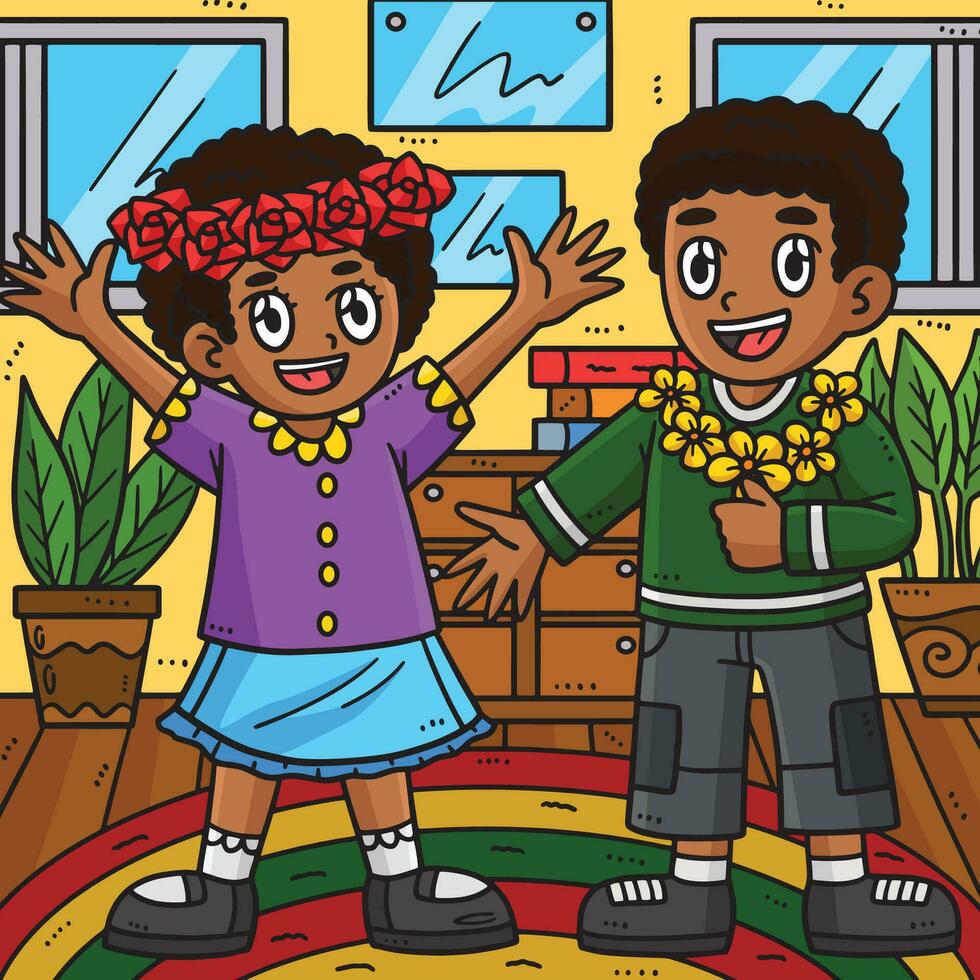 juneteenth kinderen met bloemen gekleurde tekenfilm vector