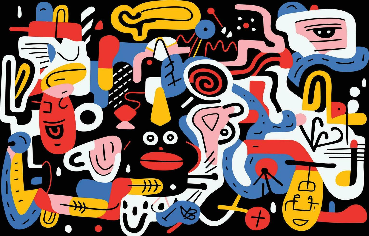 illustratie met divers kleurrijk voorwerpen van verschillend vormen, in de stijl van stoutmoedig abstract vormen, speels lijn tekeningen, kleurrijk geabstraheerd gezichten, figura serpentinata, abstract minimalisme vector