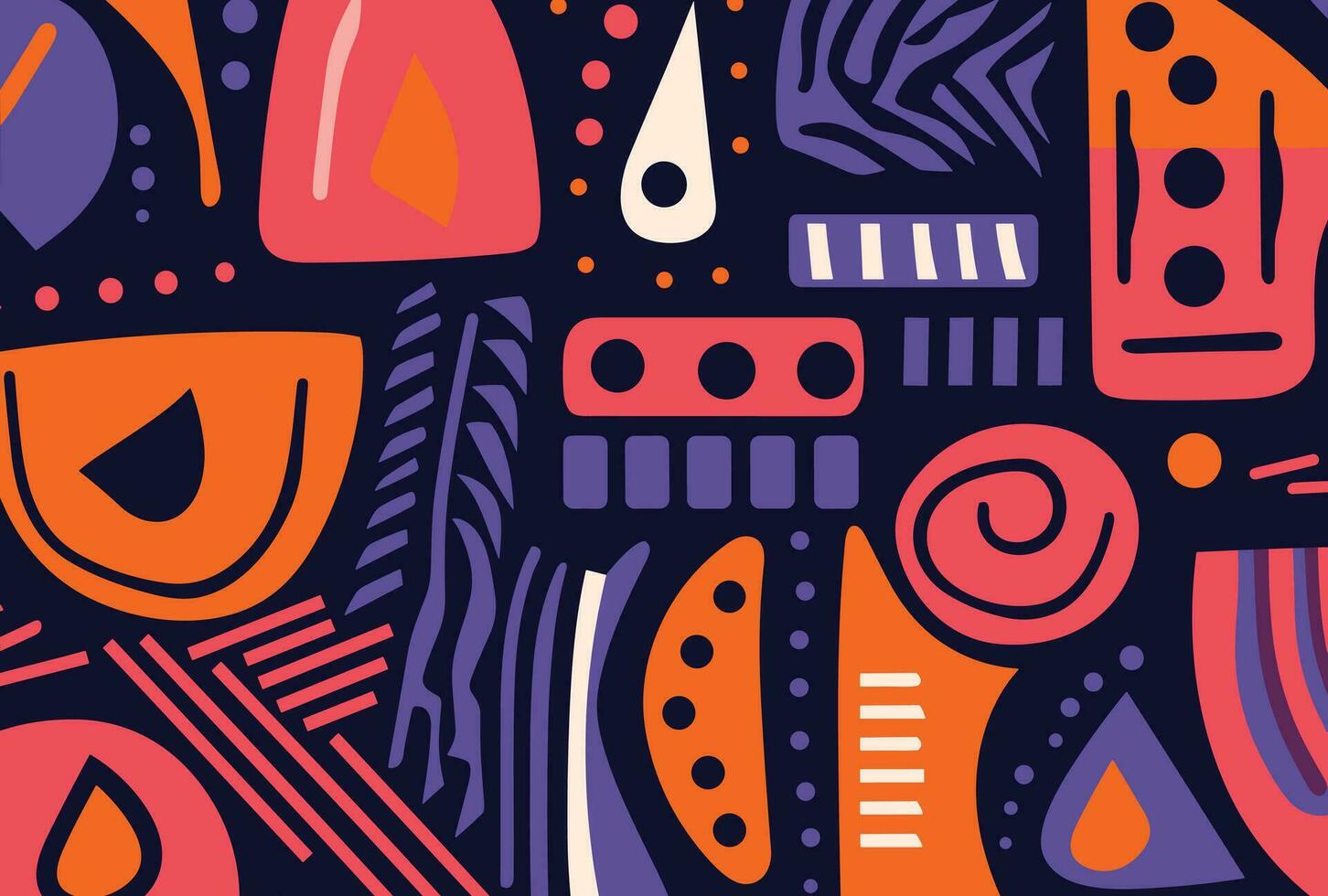 0-en retro achtergrond met hand- getrokken vormen en brieven, in de stijl van donker oranje en marine, afrikaans geïnspireerd textiel patronen, stoutmoedig meetkundig minimalisme, vetgedrukt, kleurrijk, grootschalige vector