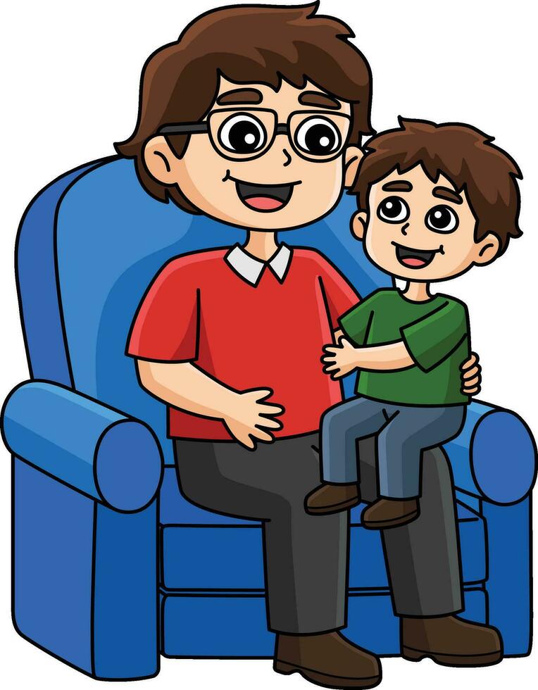 zoon zittend Aan vaders ronde tekenfilm gekleurde clip art vector