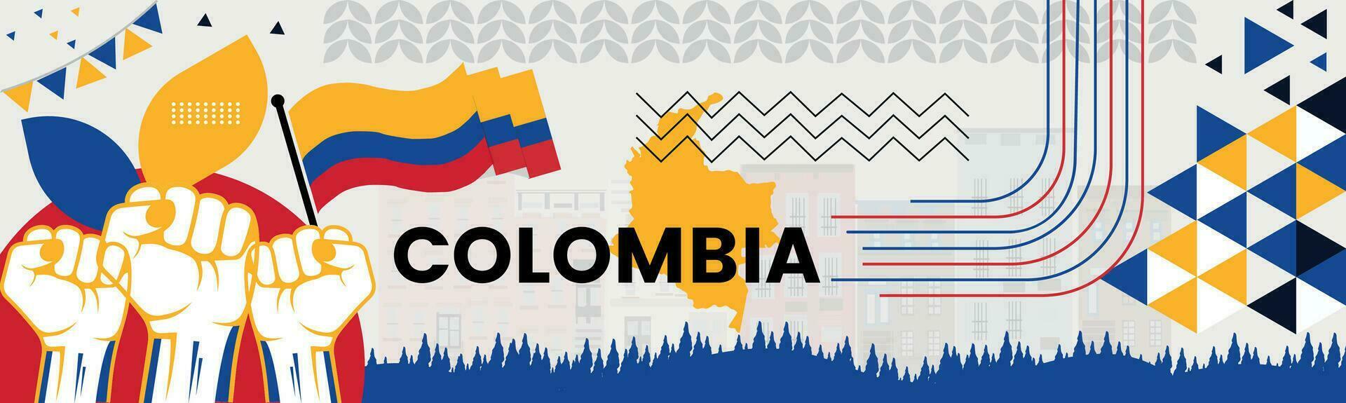 Colombia kaart en verheven vuisten. nationaal dag of onafhankelijkheid dag ontwerp voor Colombia viering. modern retro ontwerp met abstract pictogrammen. vector illustratie.