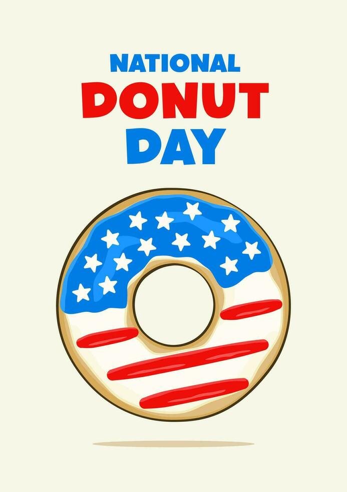 nationaal donut dag belettering met een donut in kleuren van de Verenigde Staten van Amerika vlag. poster concept vector