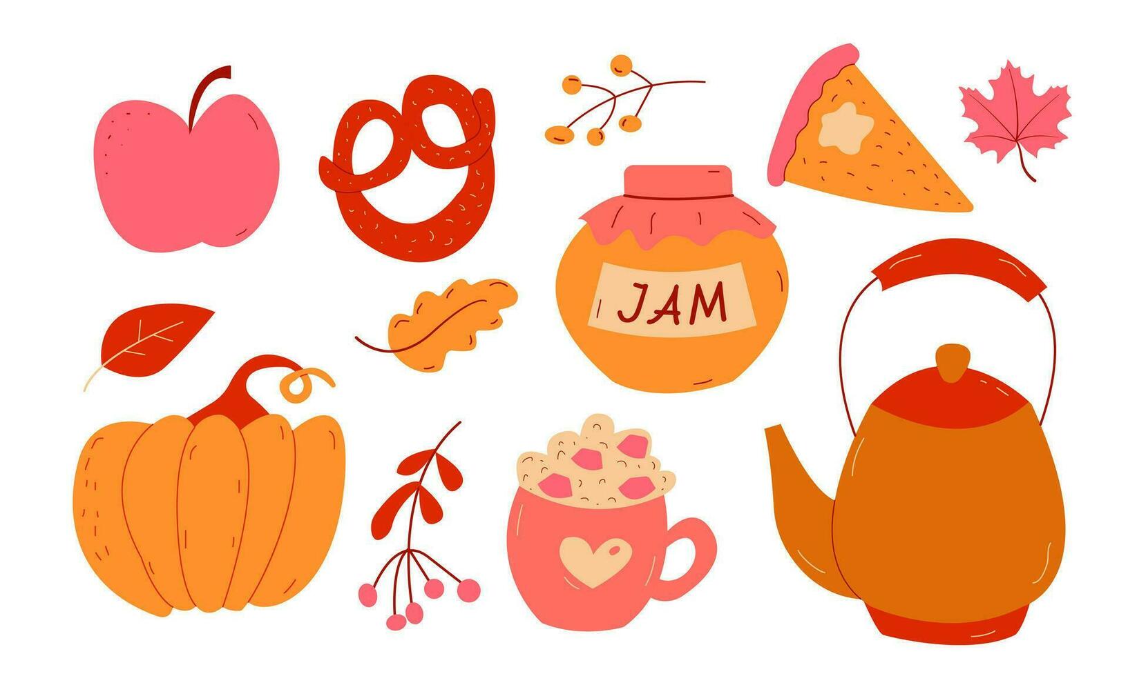 herfst set, bundel van hand- getrokken klem kunsten van seizoensgebonden voedsel en drankjes, vector illustraties