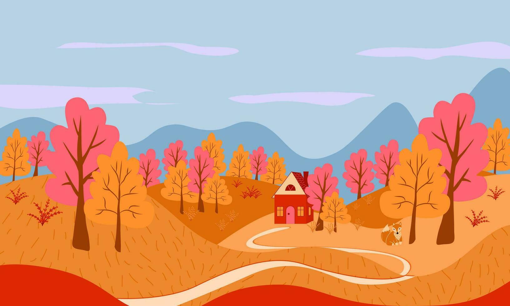 herfst landschap met bomen, bergen, velden, vos en huis. platteland landschap. herfst achtergrond. vector