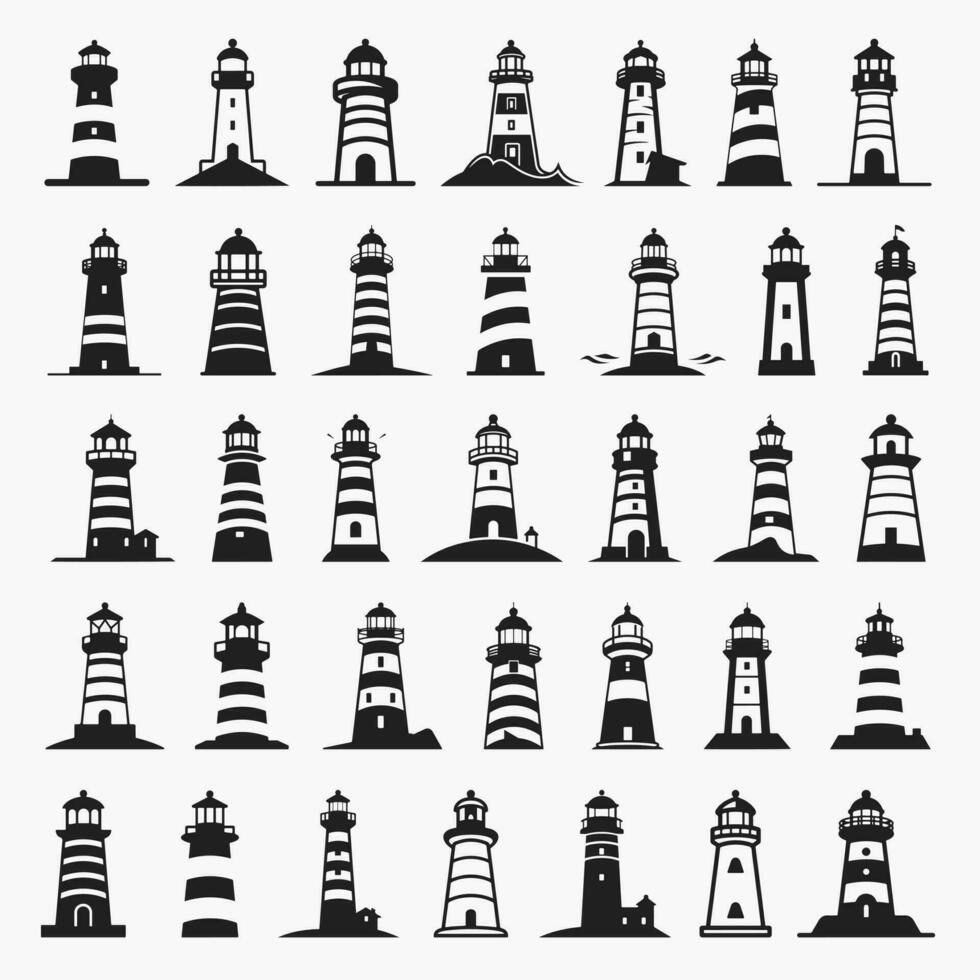 vuurtoren silhouet pictogrammen reeks logo zwart baken licht oceaan zee licht huis nautische marinier silhouetten vector illustratie