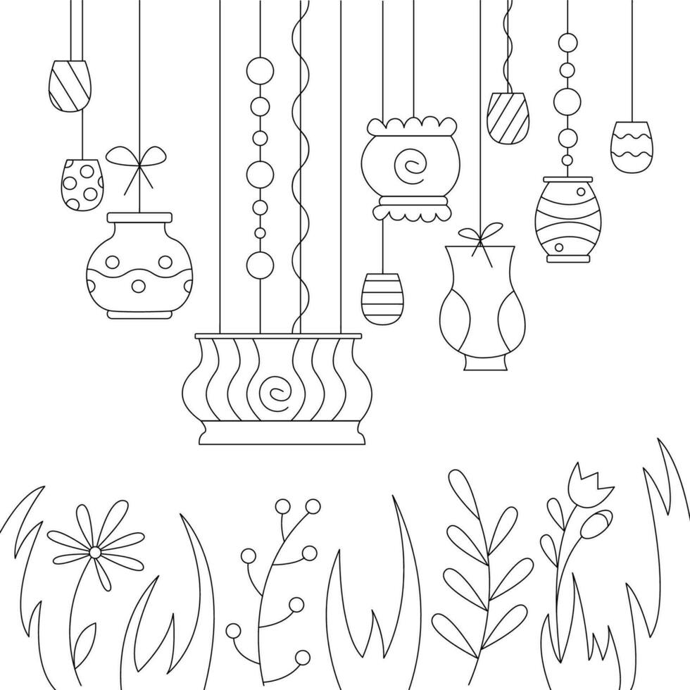 reeks met een verscheidenheid van hangende potten, gras en bloemen. tekening zwart en wit vector illustratie.