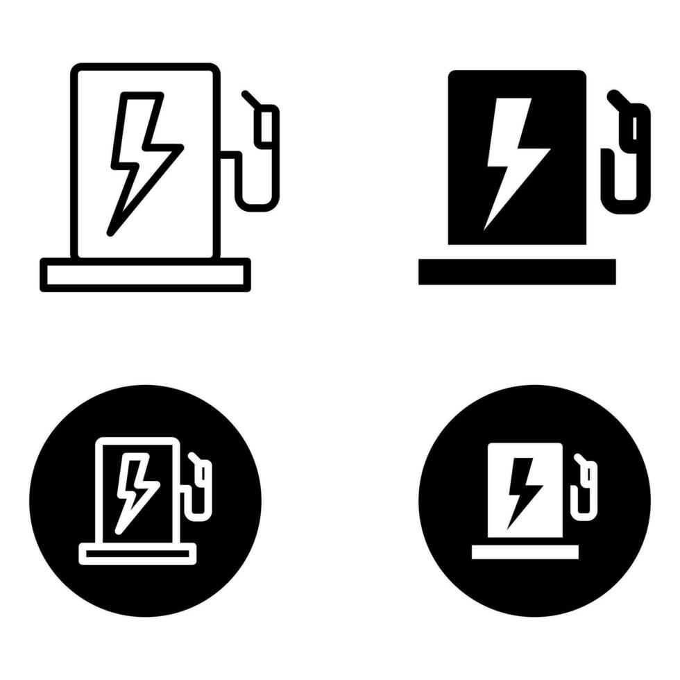 elektrisch voertuig opladen station icoon in zwart vullen, zwart cirkel en zwart schets. vector