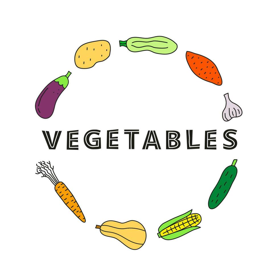 tekening kleurrijk voedsel groente pictogrammen in cirkel. vector