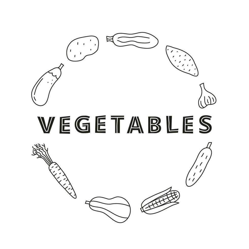 tekening schets voedsel groente pictogrammen in cirkel. vector