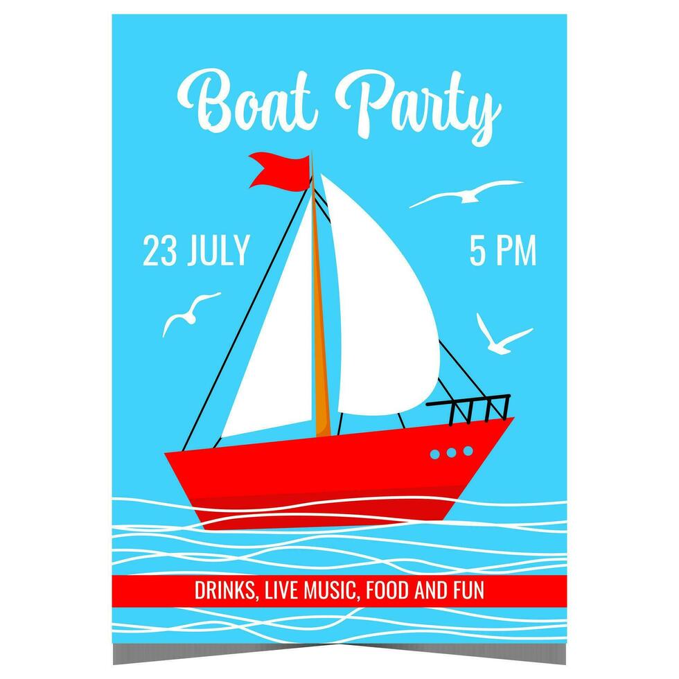 boot partij vector illustratie voor ontwerp van promo poster, banier of uitnodiging. jacht partij folder met rood genoegen boot het zeilen Aan de zee geschikt voor pret evenement gedurende zomer vakantie of vakantie.