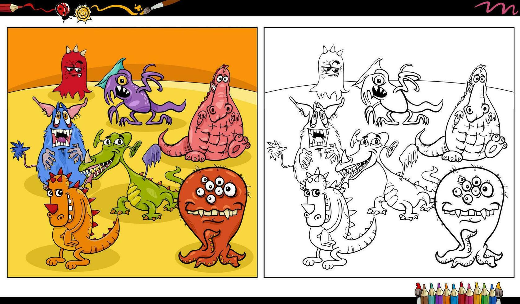 grappig grappig monsters of buitenaardse wezens tekens groep kleur bladzijde vector