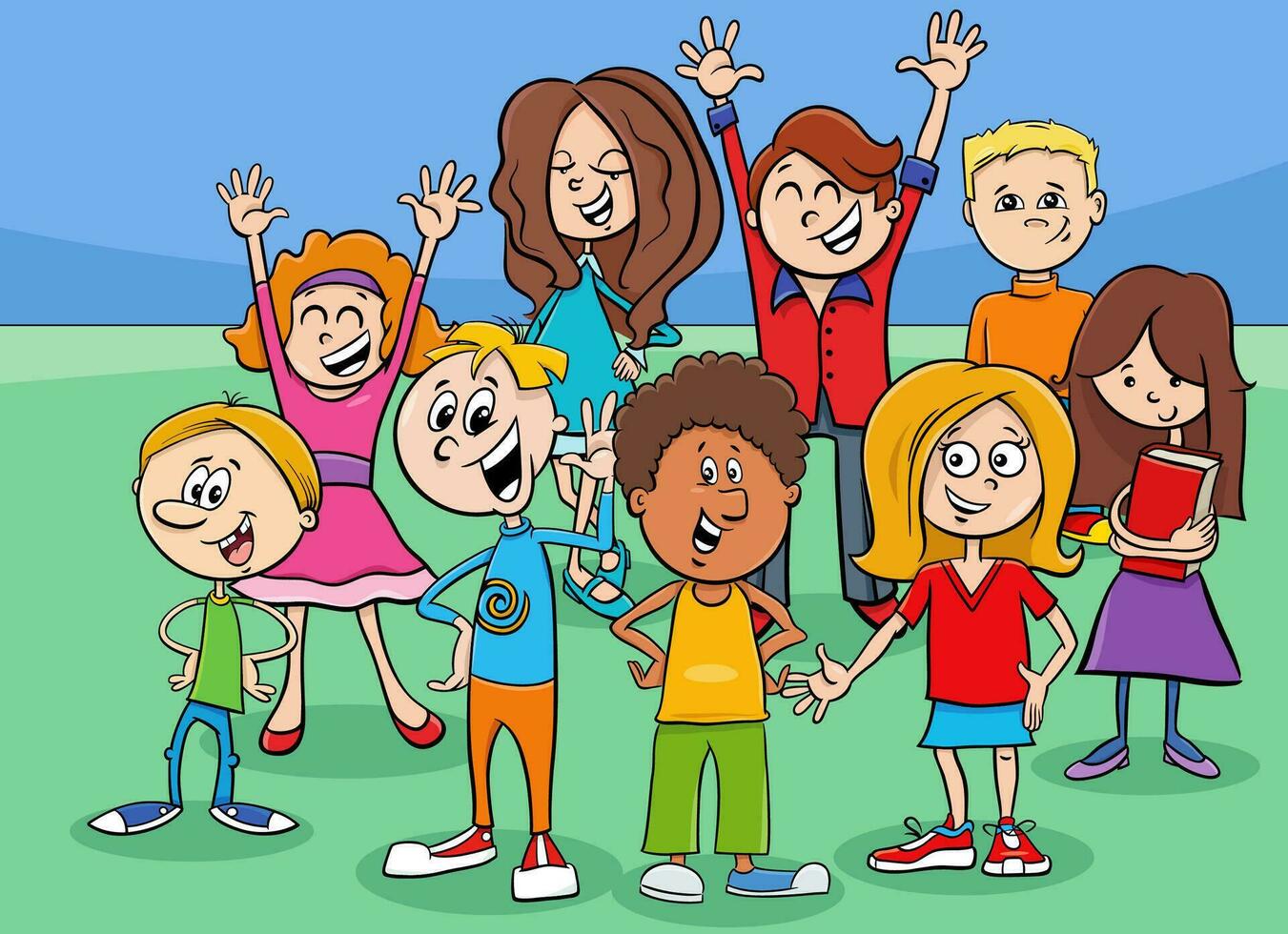 gelukkig tekenfilm kinderen en tieners tekens groep vector