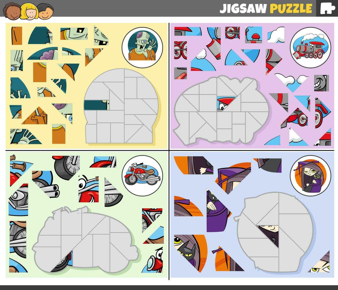 decoupeerzaag puzzel spellen reeks met tekenfilm fantasie tekens vector