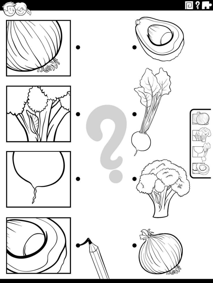 bij elkaar passen fruit en groenten en knipsels werkzaamheid kleur bladzijde vector