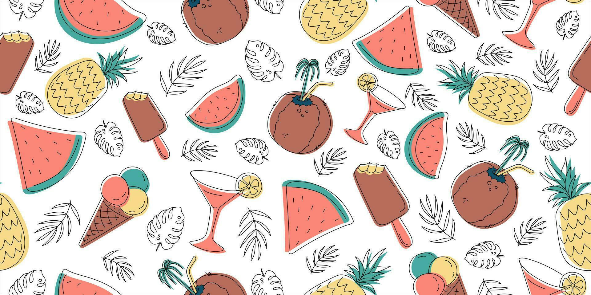 tropisch vakantie vector naadloos patroon met zomer elementen. kan worden gebruikt voor decoratie van albums, blog, web plaatsen, ansichtkaart, poster. elementen - bladeren, tropisch, hibiscus, kokosnoot, ananas