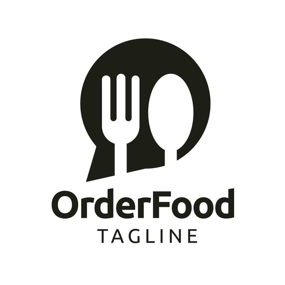 bericht voedsel logo ontwerp technologie bericht bubbel silhouet betekenis vork en lepel symbool vector illustratie