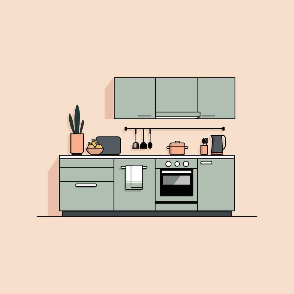 vlak illustratie van modern keuken interieur met meubilair, huishoudelijke apparaten en gebruiksvoorwerpen, vector illustratie