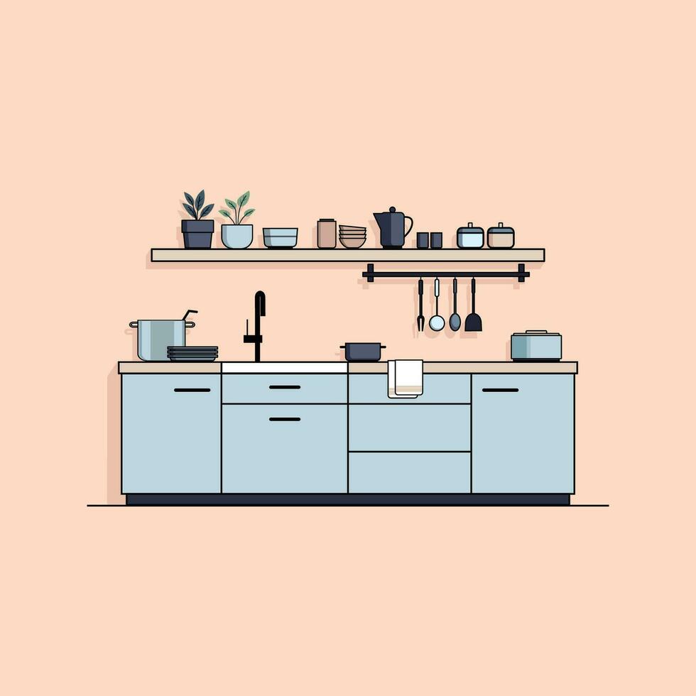 vlak illustratie van modern keuken interieur met meubilair, huishoudelijke apparaten en gebruiksvoorwerpen, vector illustratie