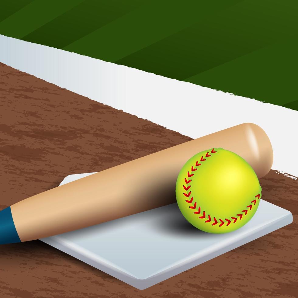 realistische bat en bal op softbalveld vector