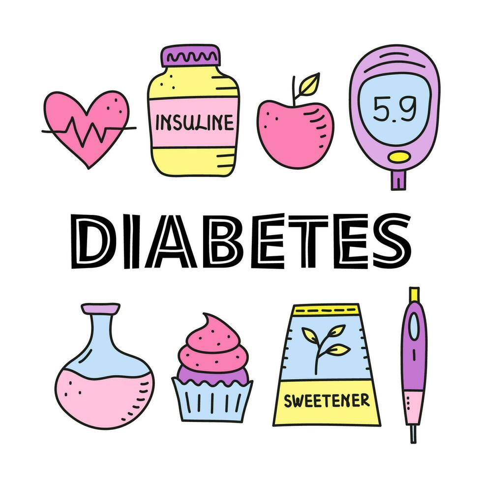poster met belettering en tekening gekleurde diabetes artikelen. vector