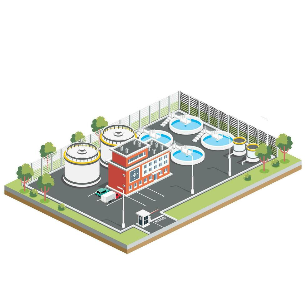 isometrische afvalwater behandeling faciliteit. infographic ontwerp element geïsoleerd Aan wit achtergrond. vector