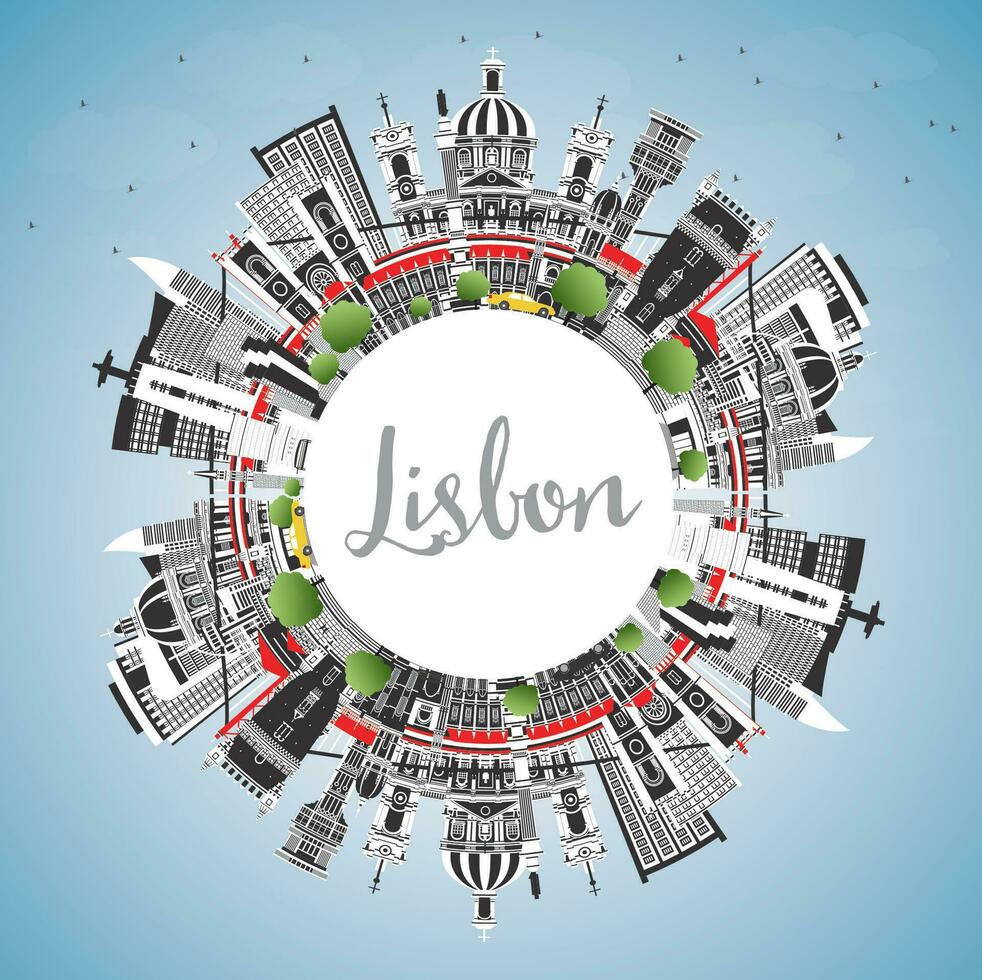 Lissabon Portugal stad horizon met kleur gebouwen, blauw lucht en kopiëren ruimte. vector