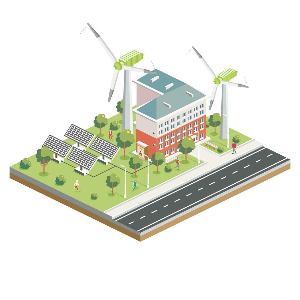 isometrische zonne- panelen met wind turbine. groen eco vriendelijk huis. infographic element. vector