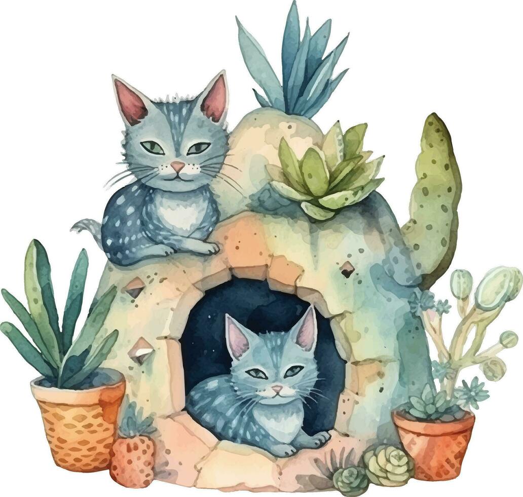 katten in een cactus huis illustratie vector