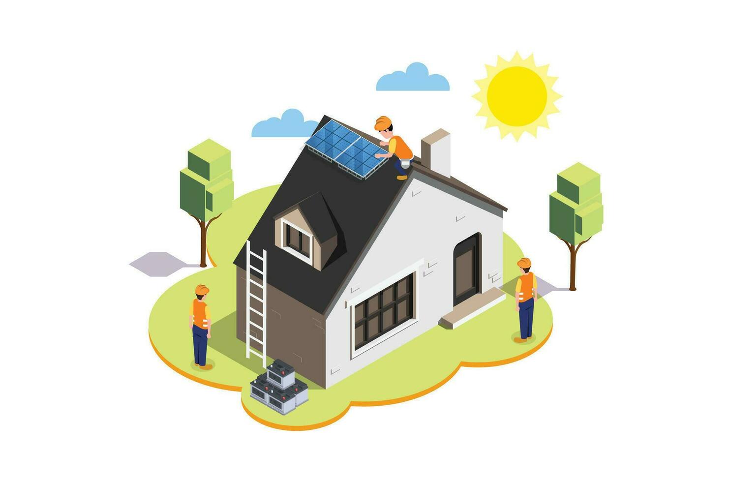 modern isometrische huis onderhoud zonne- paneel installatie team. geschikt voor diagrammen, spel Bedrijfsmiddel, en andere Bedrijfsmiddel vector