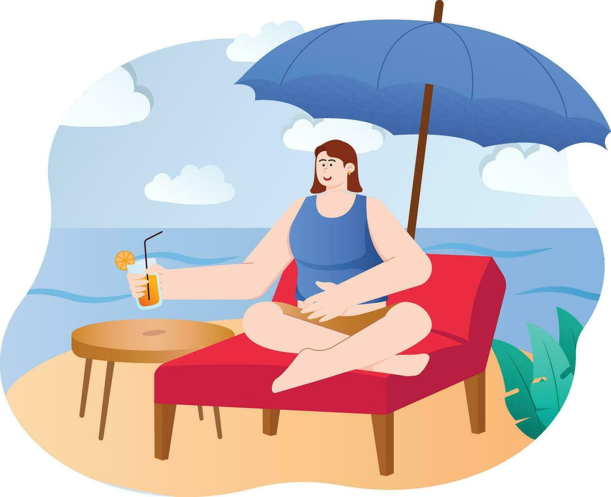 een vrouw genieten van zomer vakantie Bij de strand illustratie vector