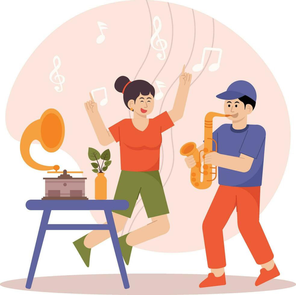 paar genieten van muziek- Aan grammofoon en trompet illustratie vector