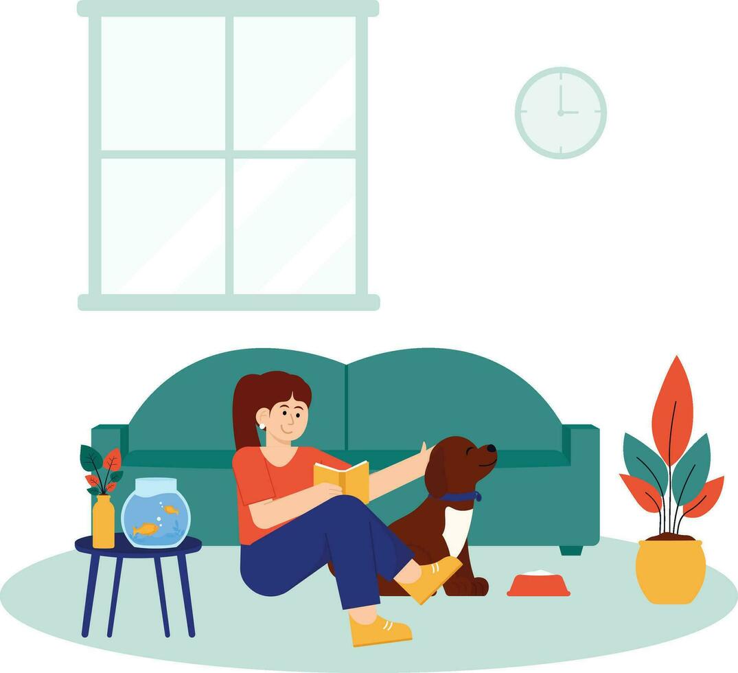 vrouw met huisdieren ontspannende in de midden- van de huis illustratie vector