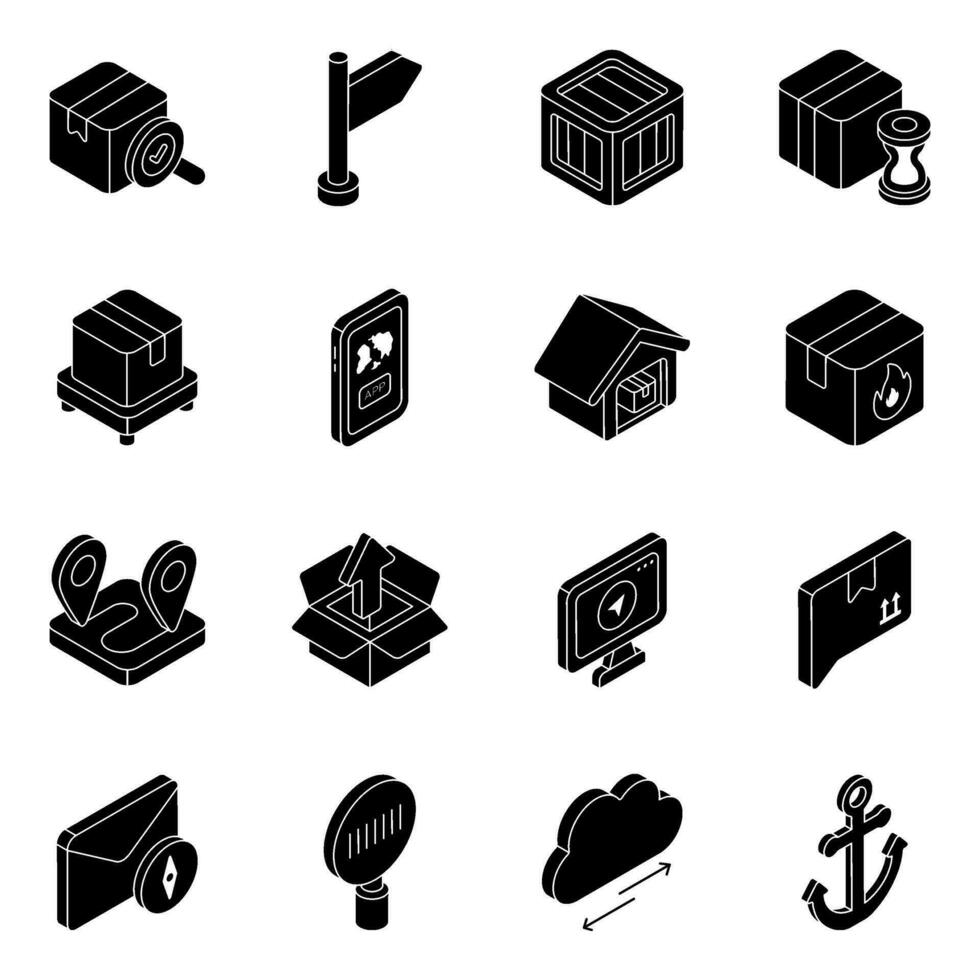 pak van logistiek en lading solide pictogrammen vector