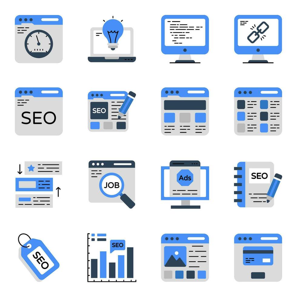 pakket platte pictogrammen voor zoekmachineoptimalisatie vector